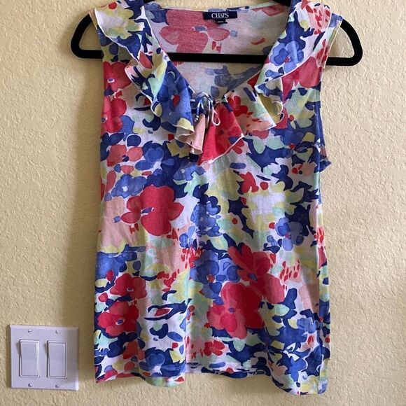 Chaps Blue and Red Floral Print Ruffled Neck Tank Top, Size Medium - Picture 1 of 5